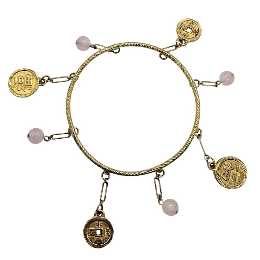 Vintage Gold Tone Bangle Bracelet 7.75'' Pink Resin & Coin Bead Dangles Retro‎
